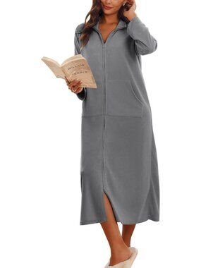 〽️Women's Bathrobe Dark Gray Long Sleeves Zipper Soft Loungewear with Pockets